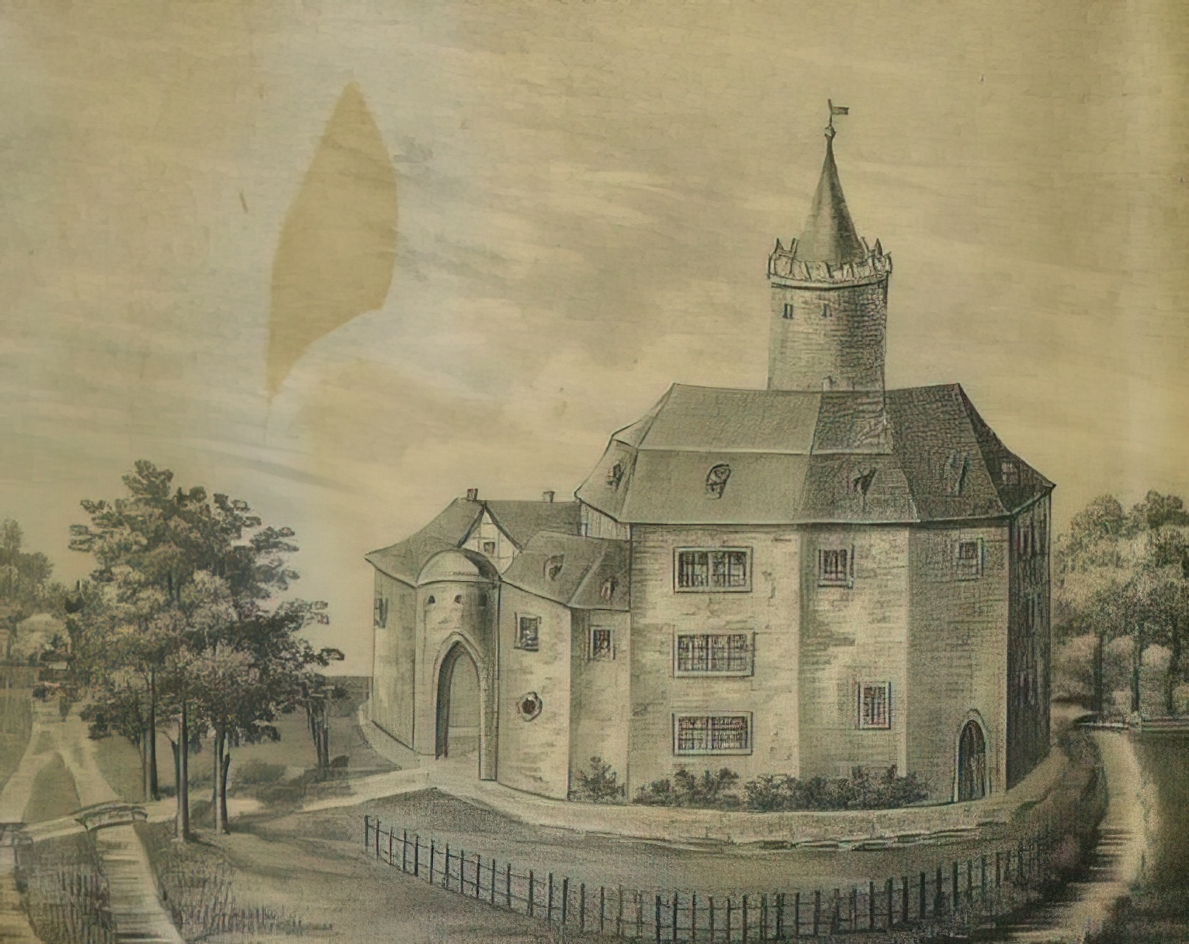 Calvörde um 1650 von Merian: rechts im Bild die Burg